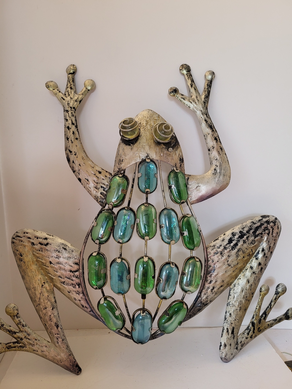 Metal Frog Garden Wall Art with Blue Green Glass Accents